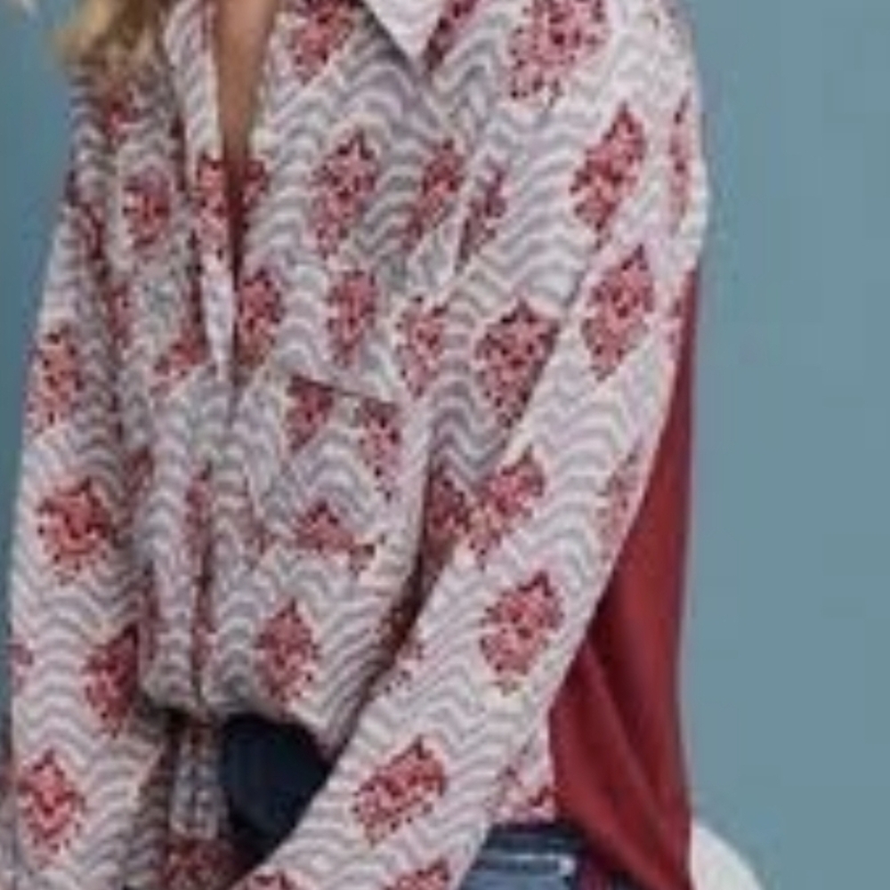 Anthropologie PORRIDGE Red Graphic Long Sleeve Button Down Shirt - Picture 4 of 10